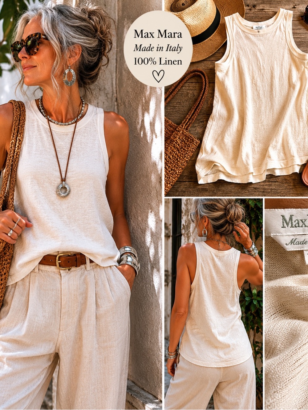 Max Mara Linen Tank Top XL Ivory Made Italy Quiet Luxury Sleeveless Shirt